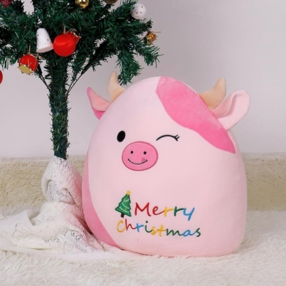 NEW 16” Merry Christmas Pink Soft Squishy Stuffed Cow Plush Pillow Toy - Picture 4 of 5